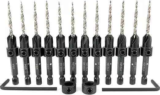 FTG USA 12 Pc #6 (9/64") Countersink Drill Bit Set with Depth Stop Collar, Hex Wrench - Tapered Drill Bits for Wood