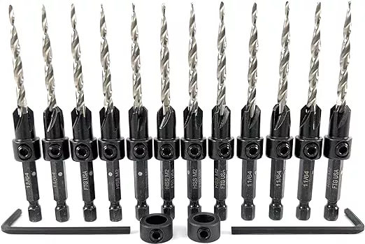FTG USA 12 Pc #8 (11/64") Countersink Drill Bit Set with Depth Stop Collar, Hex Wrench - Tapered Drill Bits for Wood