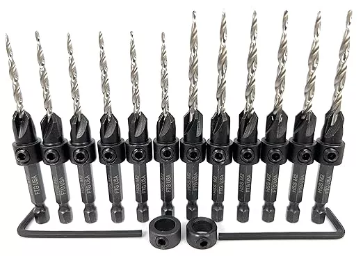 FTG USA 6 Pc #6 (9/64"), 6 Pc #8 (11/64") Countersink Drill Bit Set with Depth Stop Collar, Hex Wrench - Tapered Drill Bits for Wood
