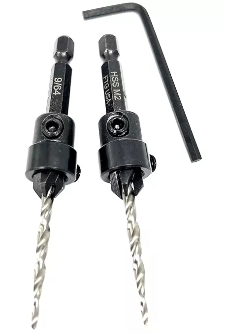FTG USA Countersink Drill Bit Set 2 Pc #6 (9/64") Wood Countersink Drill Bit, Pro Pack Countersink Set, Tapered Countersink Bit, Stop Collar, Hex Wrench, Woodworking Countersink Drill Bits