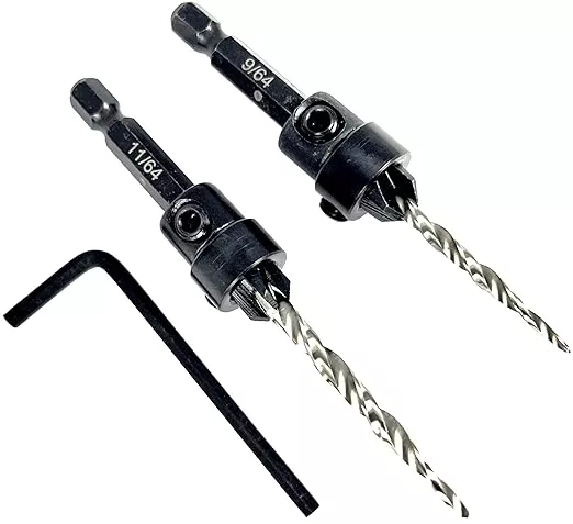 FTG USA Countersink Drill Bit Set #6 (9/64") and #8 (11/64") Wood Countersink Drill Bit, Tapered Countersink Bit, Stop Collar, Hex Wrench, Woodworking Countersink Drill Bits
