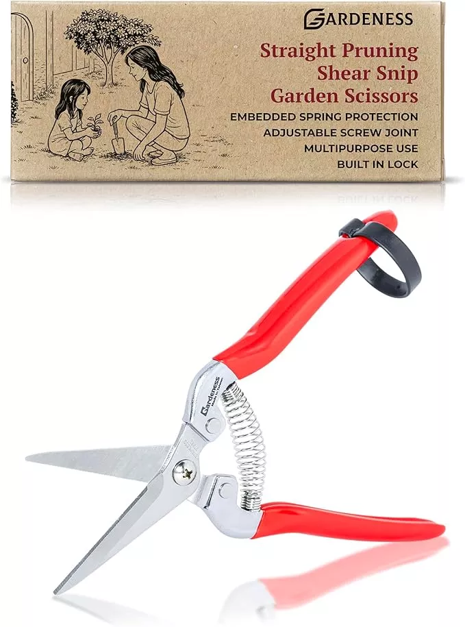 Gardeness Pruning Shear Straight Pruning Snip with Stainless Steel Serrated Blade, Adjustable Joint Screw Micro Tip Garden Scissor for Arranging, Trimming, Harvesting Fruit, Vegetables, Made in Taiwan