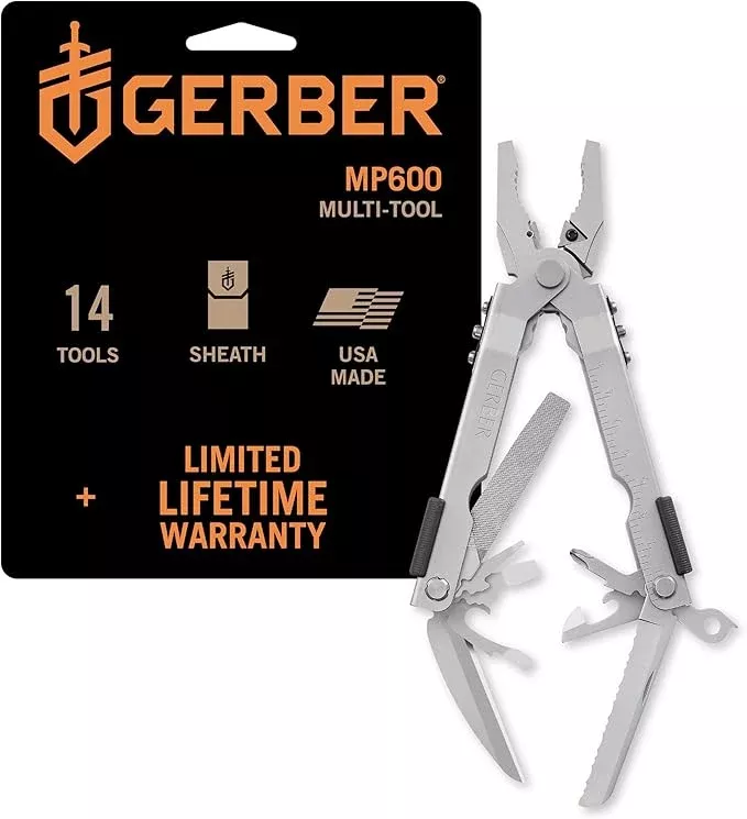 Gerber Gear Multi-Plier 600 Blunt Nose Multitool with 14 Tools - Includes Knife, Pliers, Nylon Sheath & More - Made in USA - Stainless Steel Tool