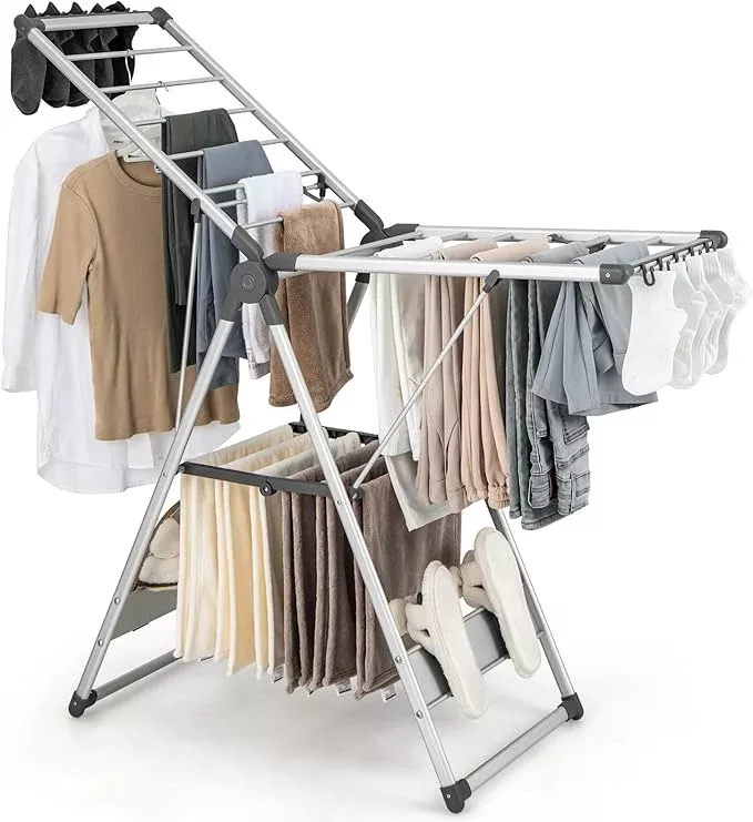 Giantex Clothes Drying Rack, 2-Layer Aluminum Foldable Laundry Drying Rack with 5-Level Adjustable Height, 21 Drying Rails, 10 Side Clips, 4 Shoe Holders, Space Saving Collapsible Laundry Drying Rack