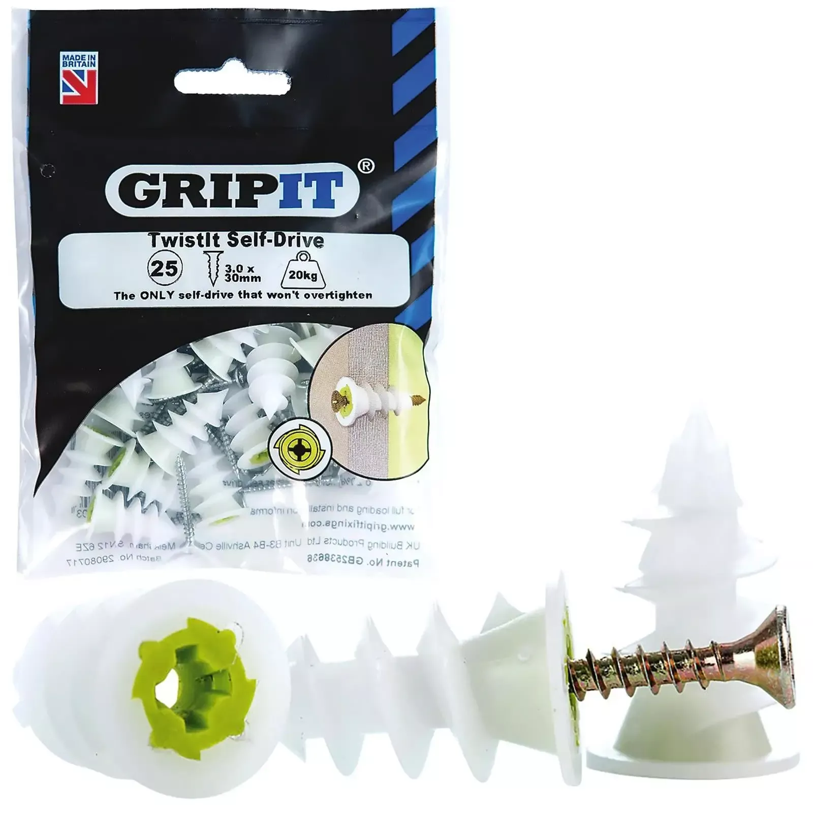 GripIt TwistIT Self Drive Plasterboard Fixings 25 Pack Holds up to 20kg
