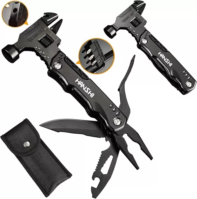 HANSHI Adjustable Wrench Multitool Hammer for Survival,16 in 1 Multitools Pliers with Nylon Sheath,Pocket Knife Multi Screwdriver Tool All in One Camping Accessories for Stocking Stuffers for Men