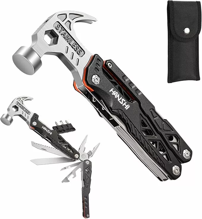 HANSHI Replaceable Wire Cutter Hammer Multitool with Nylon Sheath for Outdoor,Camping,Survival,Hiking,17 In 1 Pocket Multi Tool with Spring-Action Plier,Knife,Flint Rod,Safty Whistle for Gift