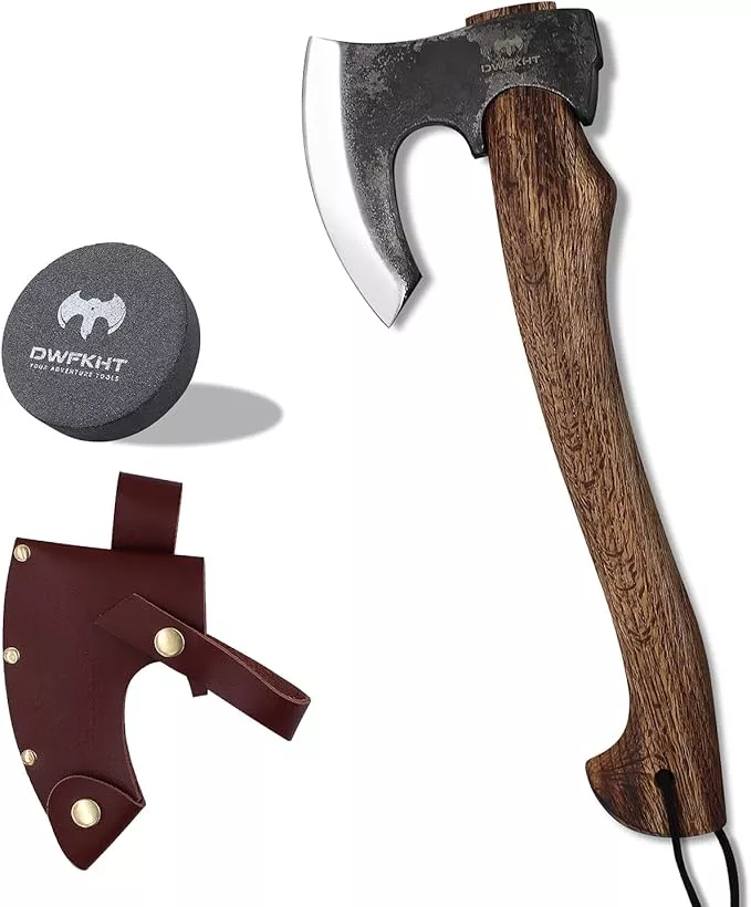 Hatchet Axe, 15.7" Camping Hatchet with Leather Sheath, Bushcraft Axe with 1065 Carbon Steel & Beech Handle, Survival Axe for Wood Splitting and Chopping - Perfect for Gardening and Outdoor