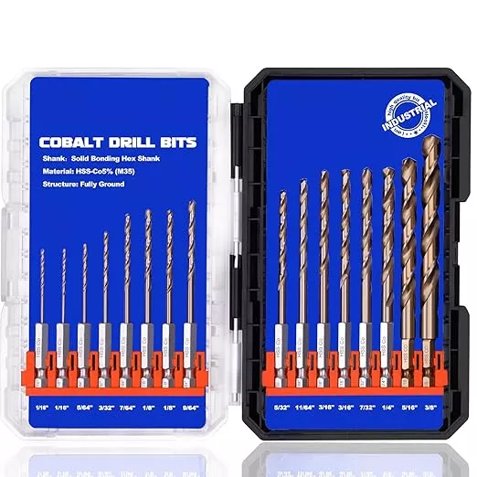 Hex Shank Cobalt Drill Bit Set 16Pcs 1/16"-3/8", M35 HSS Twist Impact Drill Bits for Metal and Hardened Steel, with Indexed Storage Case