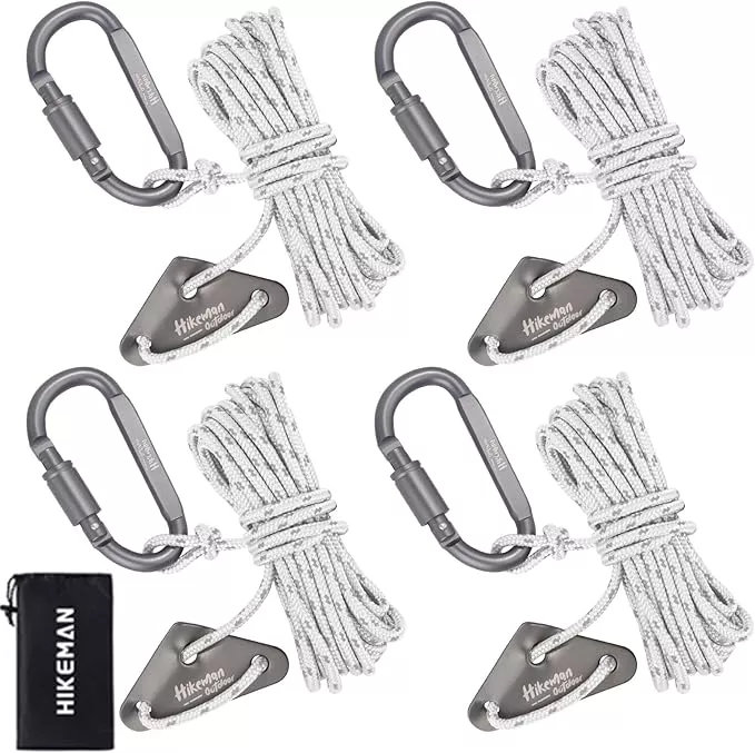 Hikeman 4 Pack Camping Rope with Locking Carabiner Clip,4mm Reflective Guy Lines with Triangular Guyline Adjuster Tensioner,Nylon Cord for Tent Tarp Tie Down,Hiking,Backpacking