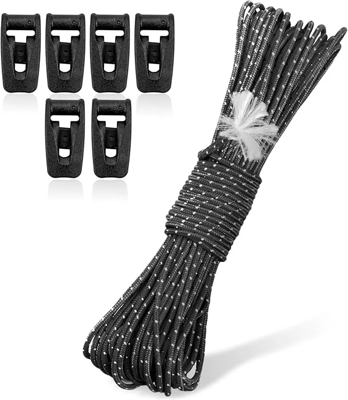 Hikeman Tent Guy Ropes 2mm-Ultralight Strong Guy Lines with Tensioner Reflective UHMWPE Fiber Tent Cord for Camping, Hiking, Backpacking Rope (Black, 65 Feet, 10 Tensioners)