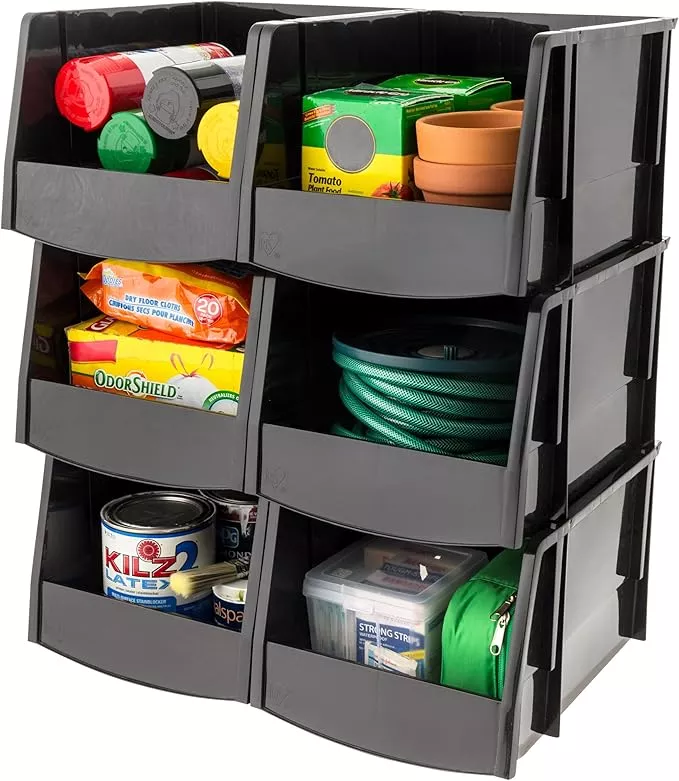IRIS USA Stackable Storage Bins Open Front, 6 Pack, Plastic Hanging Organizer Caddy Basket for Hardware Crafts, Small Parts, Nuts and Bolts, Garage Tool Storage, Extra Large, Black