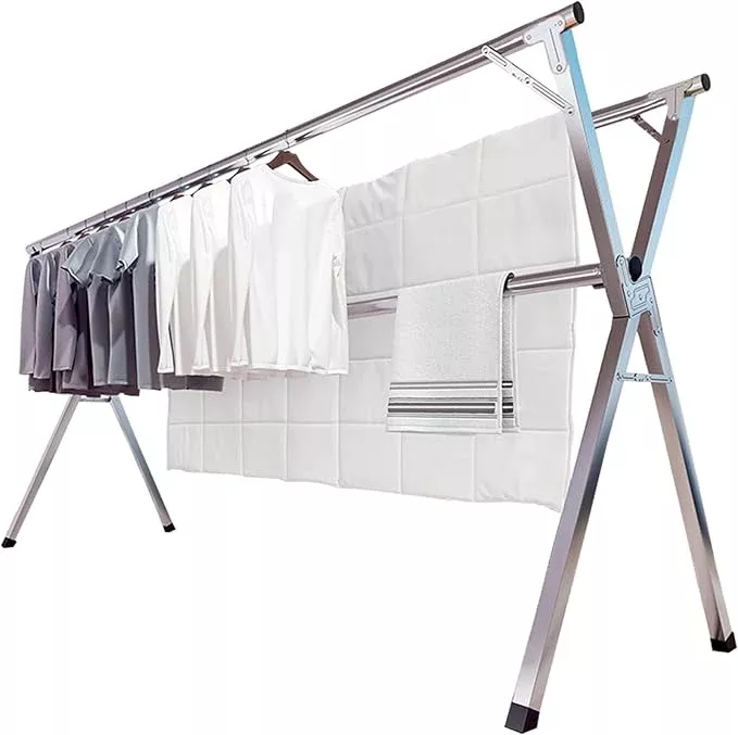 JAUREE 79 Inches Clothes Drying Rack, Drying Rack Clothing Folding Indoor Outdoor, Heavy Duty Stainless Steel Laundry Rack, Foldable Portable Large Clothes Rack Garment Rack with 20 Windproof Hooks