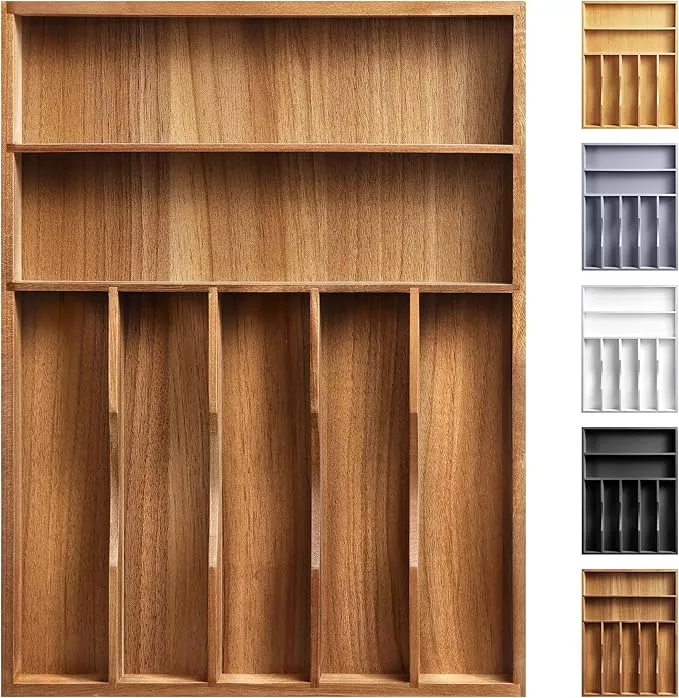 Kitchen Acacia Silverware Organizer - Extra Deep Grooved Drawer Divider, 7 Slot Utensil Organizer