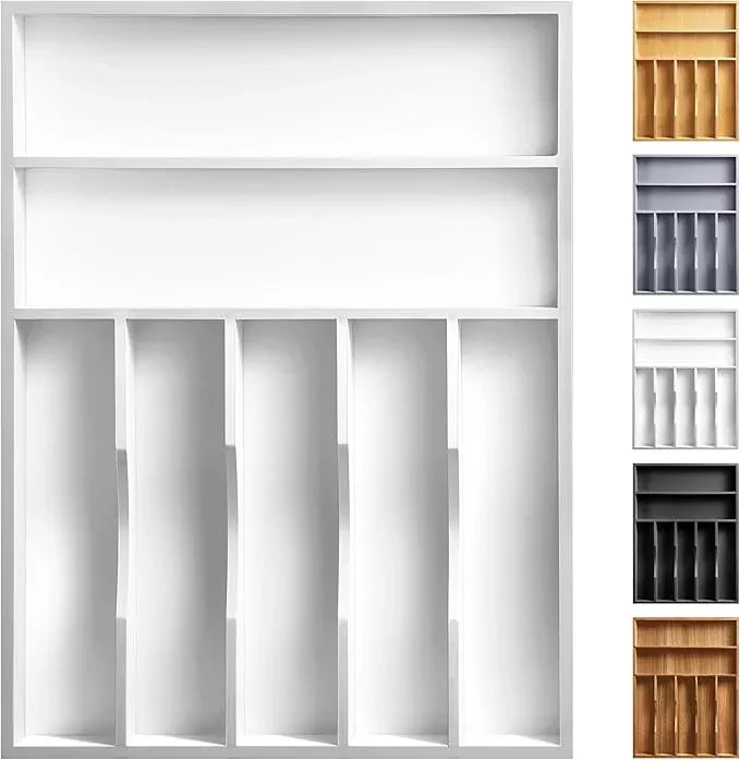 Kitchen Bamboo Silverware Organizer, Kitchen Drawer Organizer - Utensil Holder and Cutlery Tray with Grooved Drawer Dividers for Flatware 7 Slot, Black