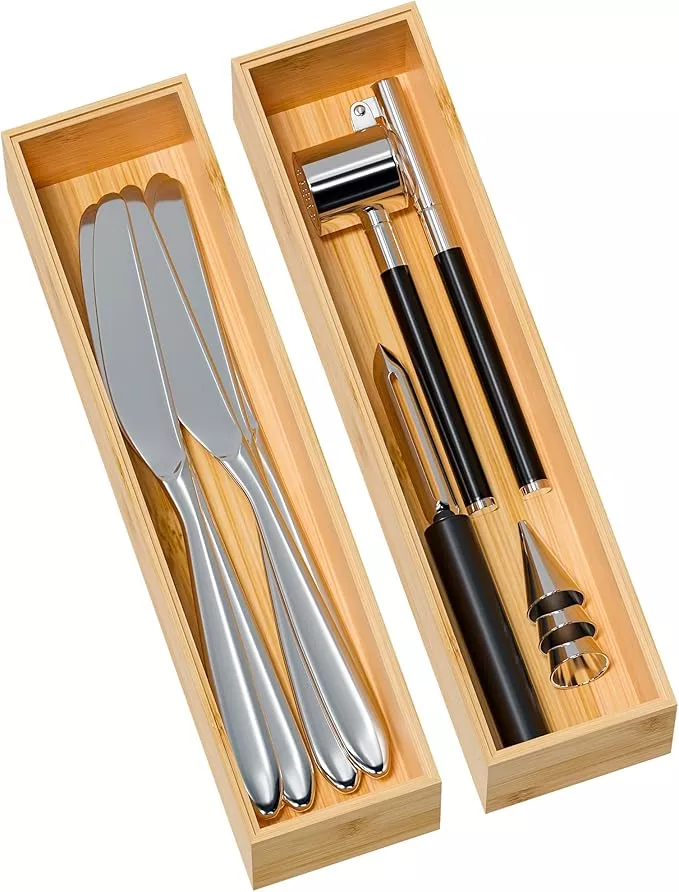 Kitchen Drawer Organizer Bins, Stackable Bamboo Deep Drawer Organizer for Silverware, Utensils, Cutlery, Flatware, Junk Drawer, Dresser, Bathroom, 15" x 6" x 2.5" (Set of 2)