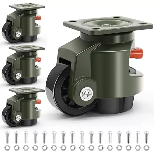 Leveling Casters Wheels, Heavy Duty Casters Wheels with Ratchet Arm 6600 LBS, Green Retractable Casters Set of 4, Nylon Wheels & Leveling Feet, Suitable for Equipment, Machine