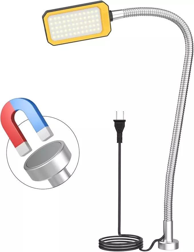 Magnetic Work Light, LED Machine Light with Flexible Gooseneck and Magnetic Base,25W 120 Volt Machine Light for Lathe,Work Bench, Sewing Machine, Workbench Industrial Lighting (25W Round Magnet)