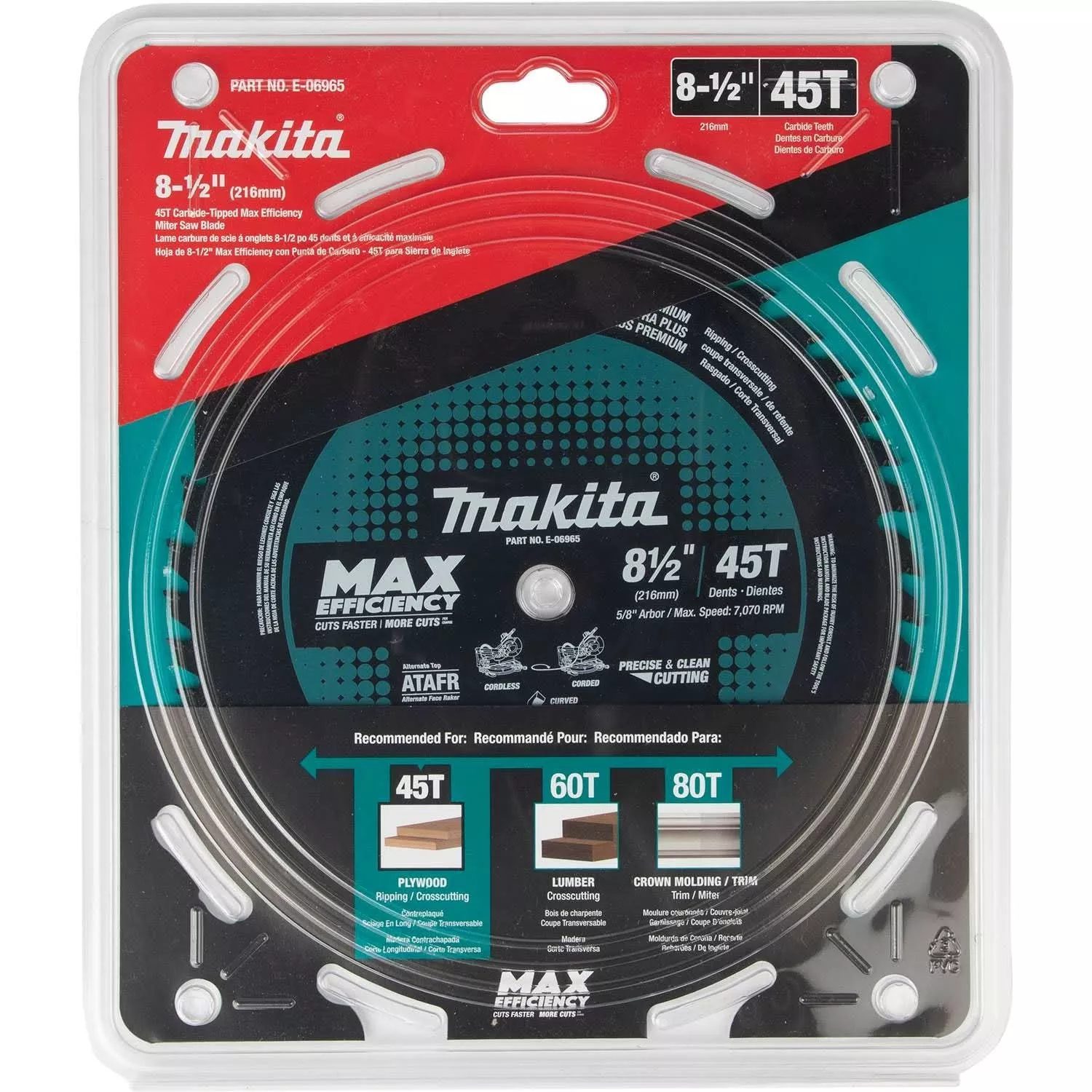 Makita E-06965 8-1/2" 45T Carbide-Tipped Max Efficiency Miter Saw Blade