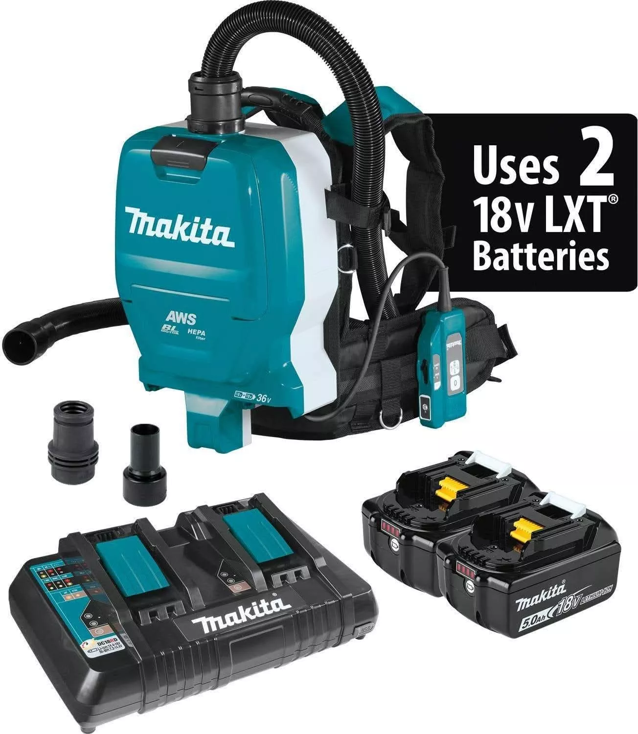 Makita XCV10PTX 36V (18V X2) LXT Brushless 1/2 Gallon HEPA Filter Backpack Dry Dust Extractor Kit, AWS Capable (5.0Ah)
