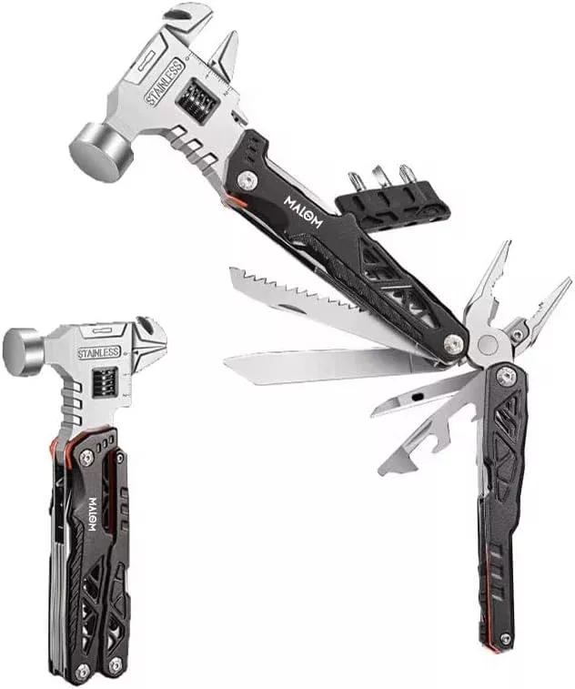 MALOM 18-in-1 Upgraded adjustable Hammer, Stainless Steel multitool Pliers with Replaceable Tungsten Wire Cutters, Bottle Opener, Nylon Sheath, Ideal for Camping, Survival, Hunting (Black)