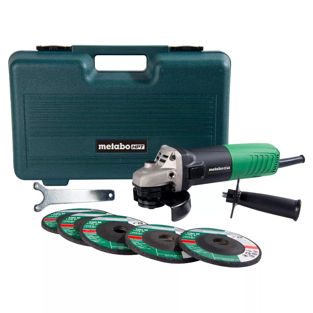 Metabo 4.5 in. 6.2 Amp Slide Switch Angle Grinder Kit with 5 Abrasive Wheels G12SR4M