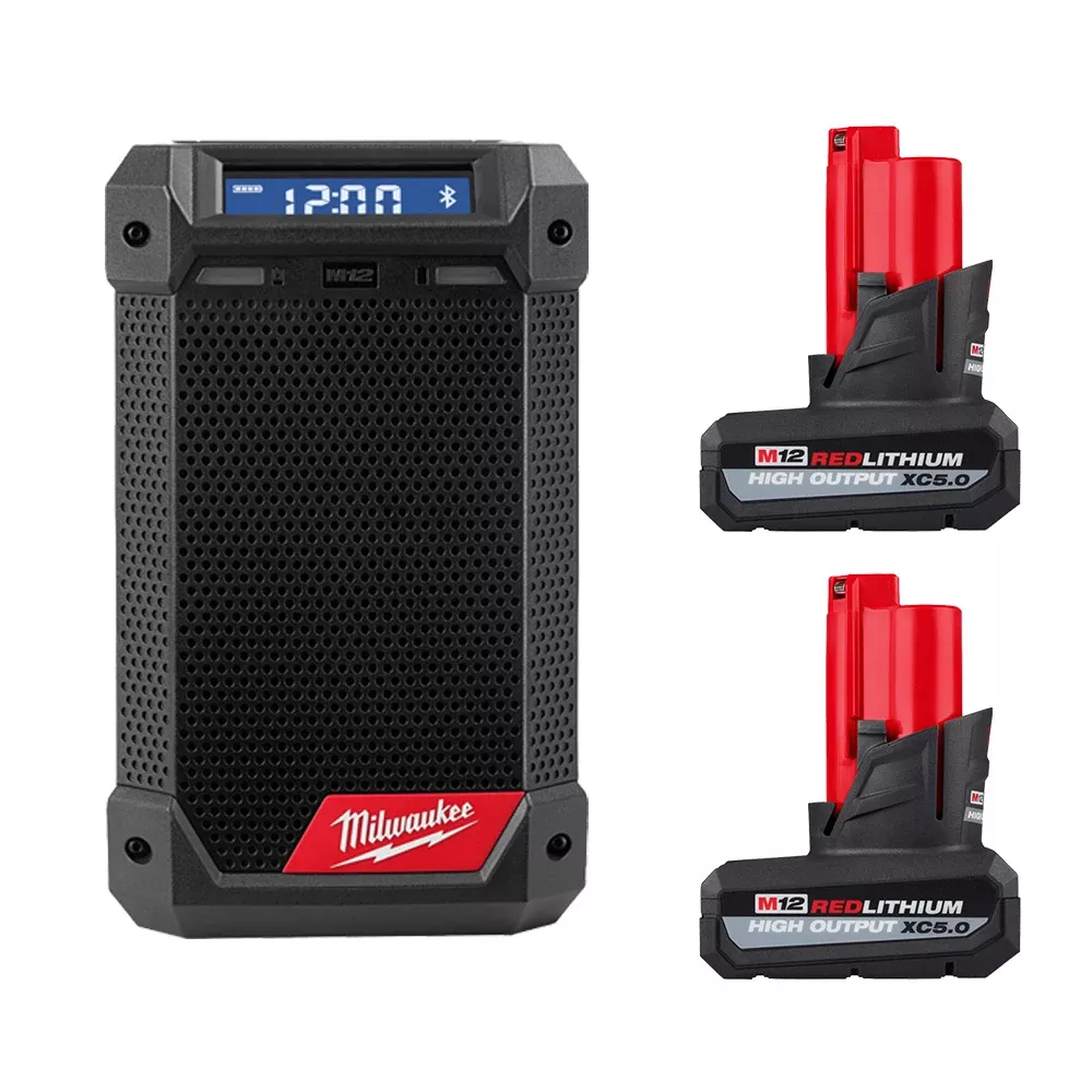 Milwaukee (2) M12 REDLITHIUM HIGH OUTPUT XC5.0 Battery Pack and M12 Bluetooth Radio & Charger (Bare Tool) KIT-48-11-2450-48-11-2450-2951-20