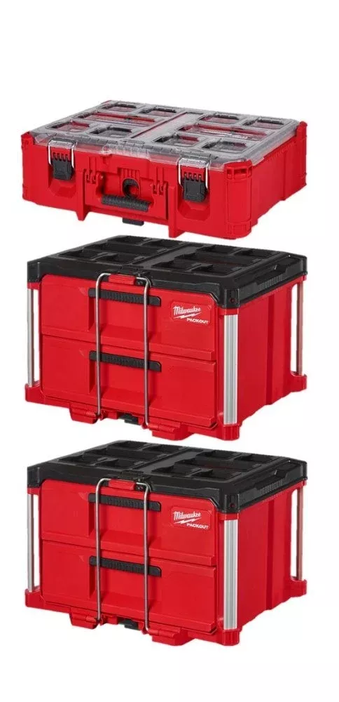 Milwaukee (2) PACKOUT 2-Drawer Tool Boxes & PACKOUT Deep Organizer