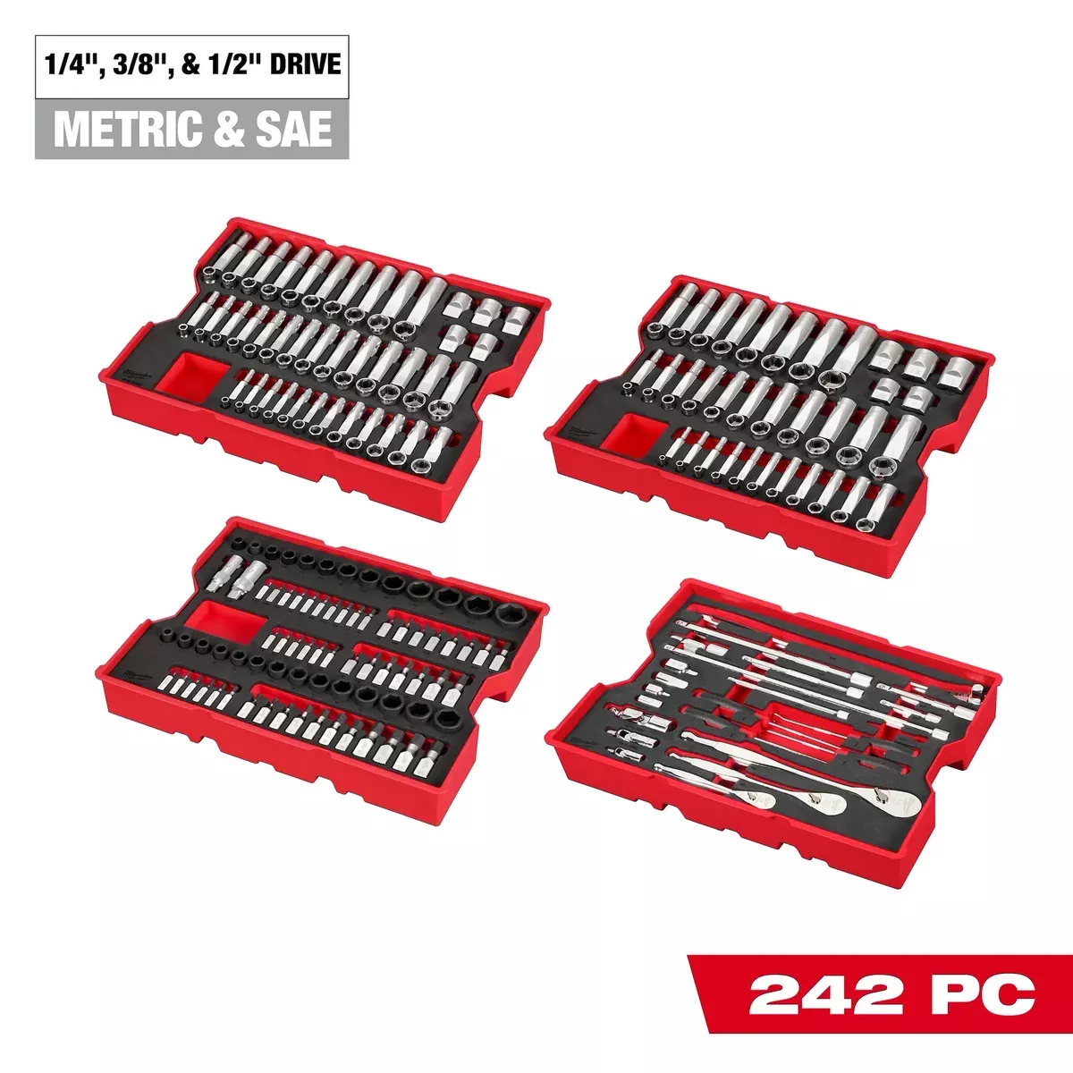 Milwaukee 242pc. 1/4”, 3/8”, & 1/2” Drive Metric & SAE Ratchet & Socket Set with Trays for PACKOUT™ Drawers