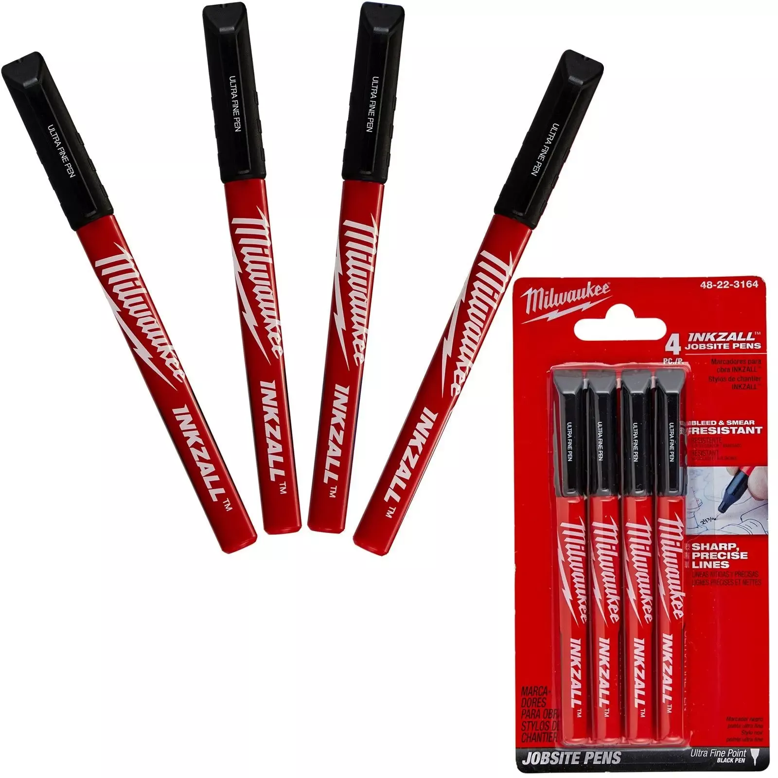 Milwaukee INKZALL Permanent Marker Pens 0.6mm Fine TipBlack 4 Piece