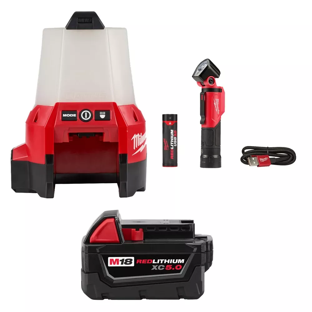 Milwaukee M18 RADIUS LED Compact Site Light 2200 Lumens 2144-20 (BARE TOOL), REDLITHIUM USB Rechargeable 500 Lumen Pivoting Flashlight (3.0Ah) Kit, and M18 Red Lithium 5.0 Ah XC BatteryKIT-2144-20-2113-21-48-11-1850