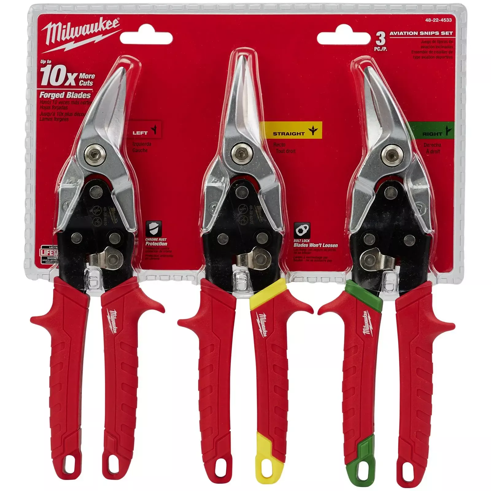 Milwaukee Metal Aviation Snips Set 3 Piece Left Right Straight Cut 260mm