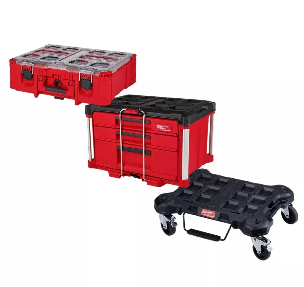 Milwaukee PACKOUT Dolly & PACKOUT Multi-Depth 3-Drawer Tool Box & PACKOUT Deep Organizer