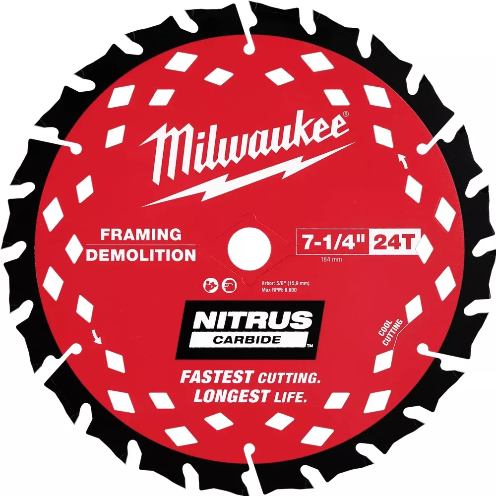 Milwaukee Tools 7-1/4” 24T NITRUS Carbide Framing & Demolition Circular Saw Blade 48-41-0750 (48-40-0750)