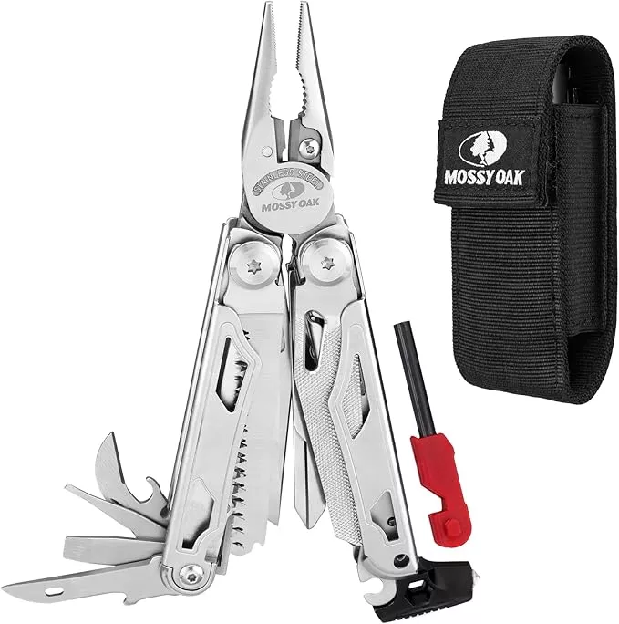 MOSSY OAK Multitool, 19-in-1 Stainless Steel Multi Tool Pliers, Self-locking EDC Gear with Sheath for Outdoor, Survival, Camping, Hiking, Father Day Gifts