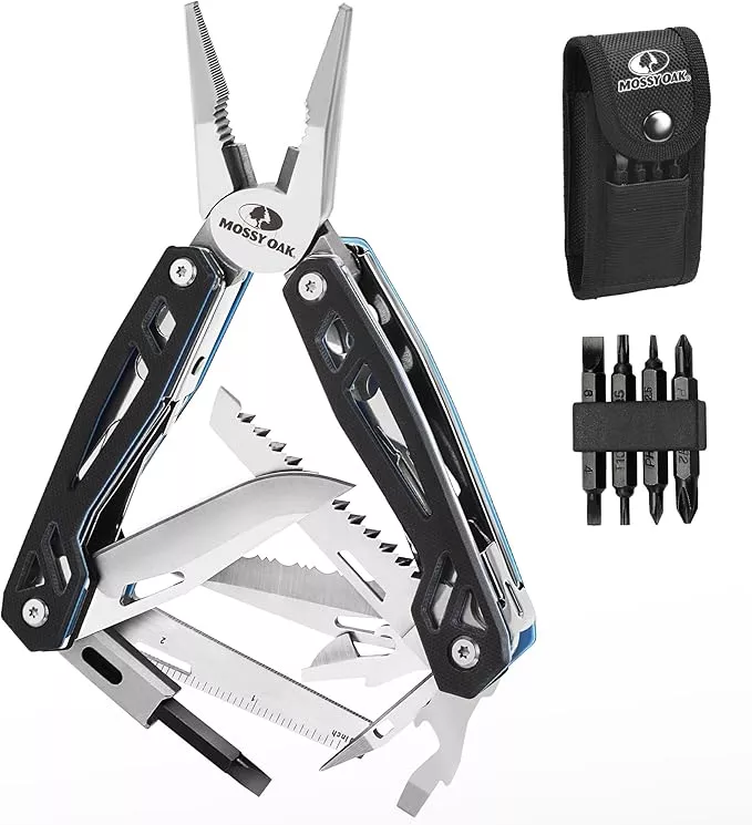 MOSSY OAK Multitool, 21-in-1 Stainless Steel Pocket Knife with G10 Handle, Screwdriver Sleeve, Self-locking Pliers with Sheath-Perfect for Outdoor, Survival, Camping, Hiking, Simple Repair