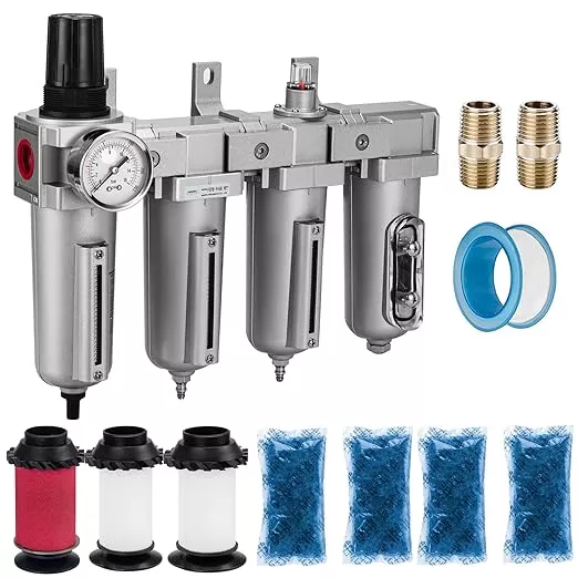 NANPU 1/2" NPT Industrial Grade 4 Stage Air Drying System - Double Particulate Filters, Coalescing Filter, Desiccant Dryer & Air Regulator, Metal Bowl, Auto Drain, for Paint Spray& Plasma Cutter
