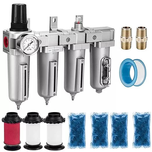 NANPU 3/4" NPT Industrial Grade 4 Stage Air Drying System - Double Particulate Filters, Coalescing Filter, Desiccant Dryer & Air Regulator, Metal Bowl, Manual Drain, for Paint Spray& Plasma Cutter