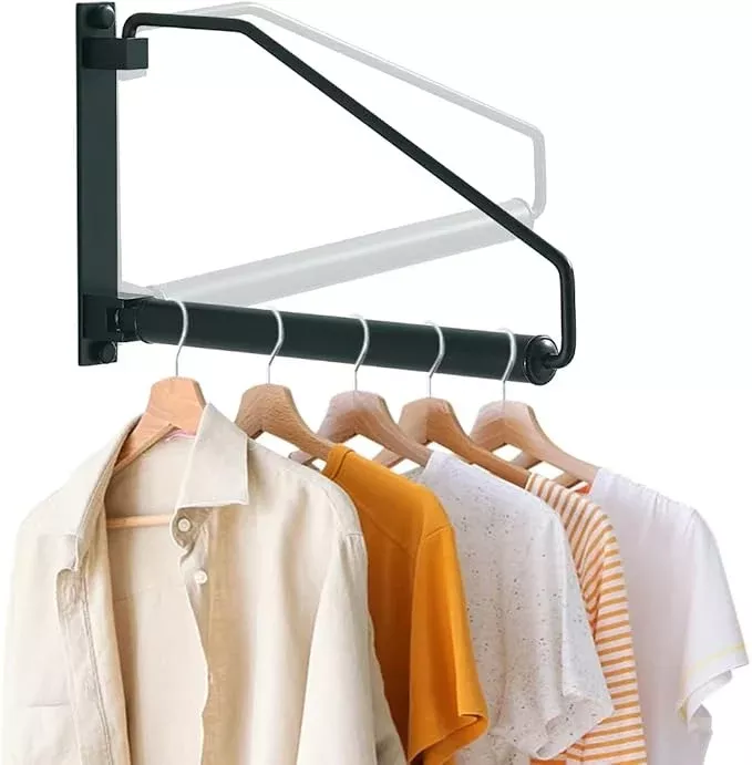 NEWRAIN Folding Clothes Hanger Rack, Wall Mounted Laundry Racks for Drying Clothes,Swing Clothing Hanging System Drying Closet Storage Organizer Black