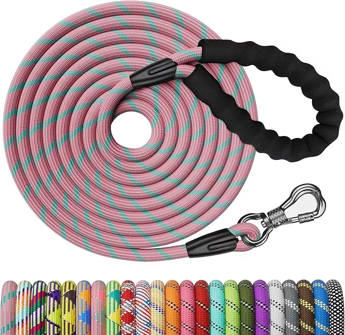 NTR 50FT Leash for Large Breed Dog, Long Leash with Swivel Lockable Hook and Padded Handle, Pet Lead for Walking, Hunting,Camping, Backyard for Small Medium Large Dog Pink Blue