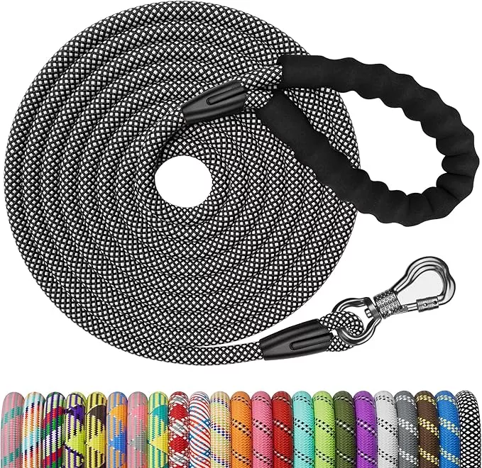 NTR Heavy Duty Dog Leash,20FT Rope Leash for Training with Swivel Lockable Hook,Reflective Threads and Comfortable Handle,Dog Lead Walking,Hunting,Camping Medium Large (Black), 20ft*3/5/''