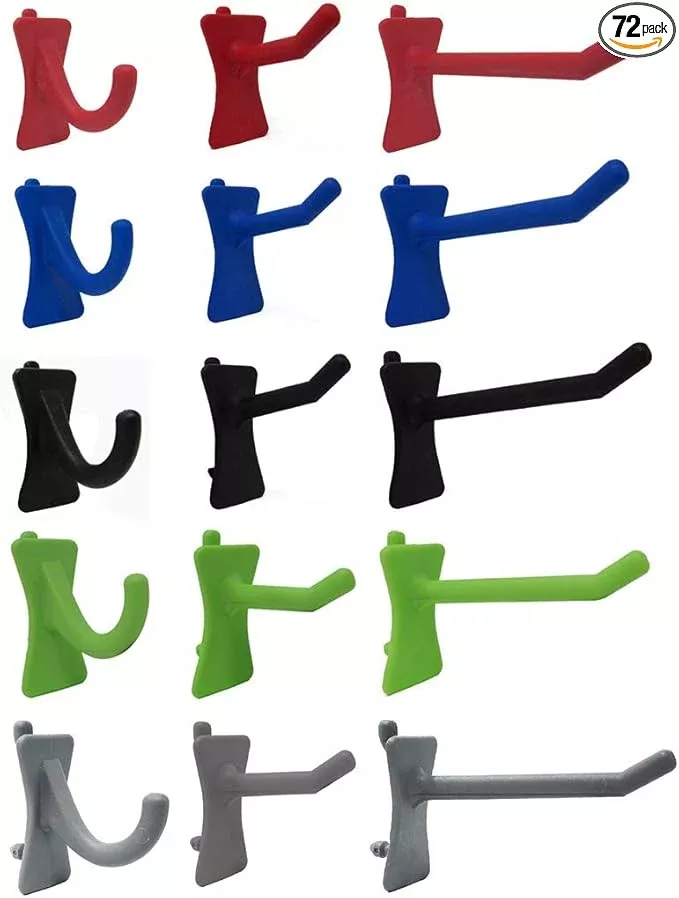 PegPro J, 1" & 2" Kit for Standard “Wood Fiber” pegboard – Durable Plastic Pegboard Hooks - for Garage, Kitchen, Craft Room, and More (J, 1" & 2" Hook - 72 Pack, Confetti Mix)