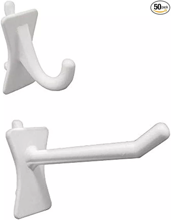 PegPro J & 2" Hooks Kit for Standard “Wood Fiber” pegboard – Durable Plastic Pegboard Hooks - for Garage, Kitchen, Craft Room, and More (J & 2" Hook - 50 Pack, White)