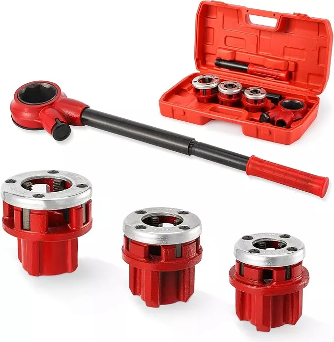 Pipe Threader Ratchet Kit， Manual Ratcheting Pipe Threading Tool Set with 3 NPT Dies 1/2" NPT, 3/4" NPT, 1" NPT,Portable Cast Iron Pipe Threading Set for Galvanized Aluminum Iron Copper PVC Pipes