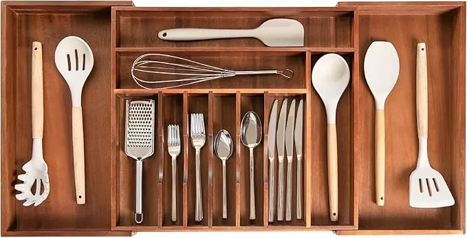 Premium Silverware, Flatware and Utensil Organizer for Kitchen Drawers, Food-Safe Contract Grade, Expandable from 18 to 33 In, Gray Bamboo