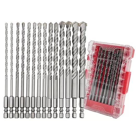 Pro Edge 14 Pcs Masonry Drill Bit Set 5/32''-1/2'', Carbide Concrete Drill Bits with Shockproof Hex Shank and Industrial Carbide Bit Tip for Brick/Glass/Cement/Tile/Plastic, with Storage Box