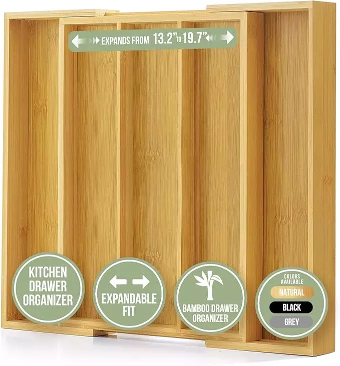 Purawood Kitchen Drawer Organizer - Expandable Utensil Drawer Organizer for Kitchen, Cutlery Tray & Silverware Organizer, 3-5 Slots - Bamboo Organizer for Utensils & Flatware (Natural)