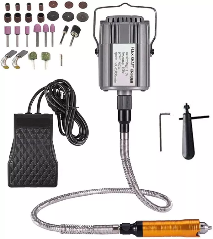 Rotary Tool Flex Shaft Hanging Grinder Carver Electric Multi-function Metalworking Tools Repair Kit, Foot Pedal Control, 780W Strong Power, Metal Flexible Shaft, 23000 RPM