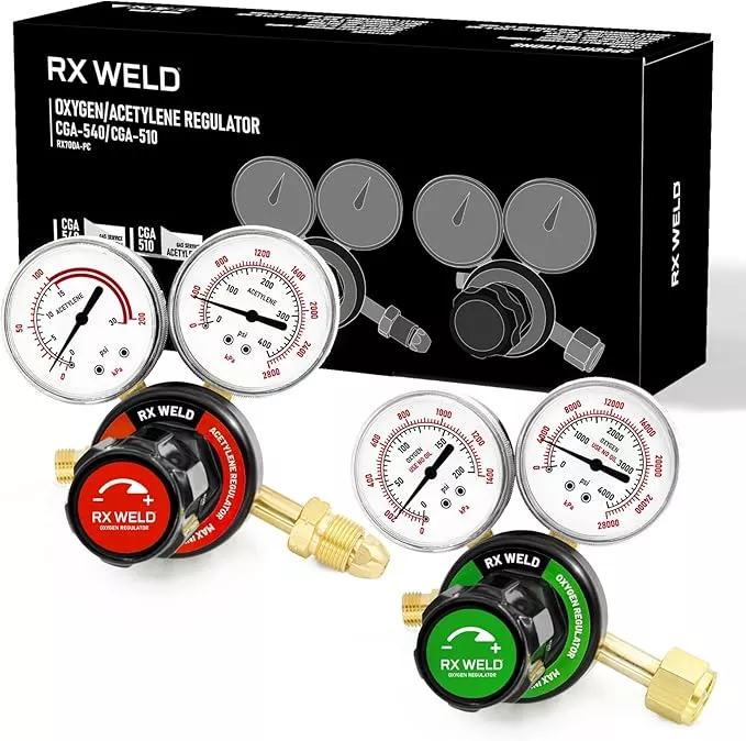 RX WELD Oxygen and Acetylene Regulators CGA540 and CGA510- Compatible with V-Style Welding Gas Torch Cutting, PC-Handle