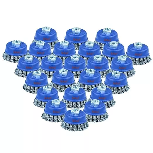 SALI 24 Pack Wire Cup Brush, 3 Inch Twisted Knotted Cup Brush for Grinders, with 5/8-11 Inch Arbor for Heavy Cleaning Rust, Stripping and Abrasive, for Angle Grinder